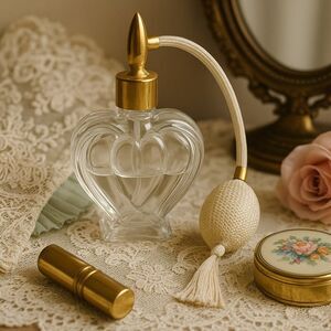Glass Perfume Bottle With Heart Shape Designing And Atomizer White Linen Decor